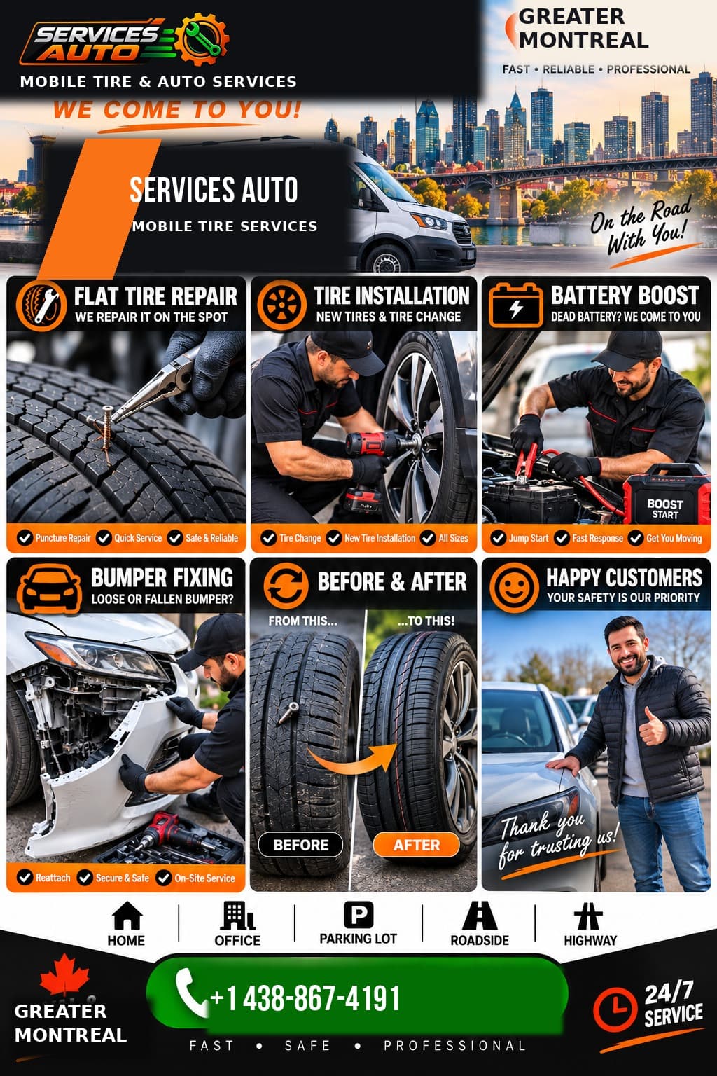 Auto Services — flat tire repair, tire installation, battery boost, and bumper fixing, mobile across Greater Montreal