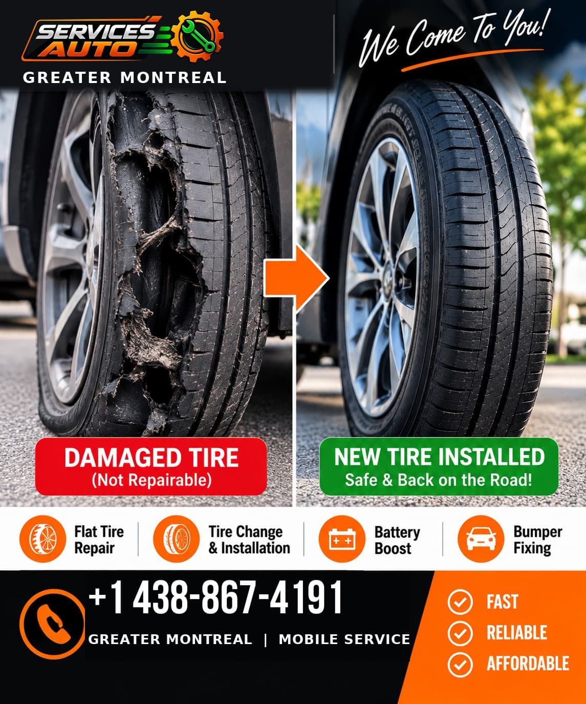 Auto Services — flat tire repair, mobile, Greater Montreal